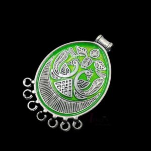 MEENAP0174- ARNAS 1 PCs PACK OF SILVER OXIDIZED GREEN MEENAKARI DESIGNER OVAL CHARMS FOR NECKLACE | EARRINGS MAKING