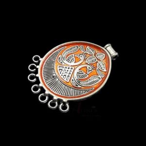 MEENAP0175- ARNAS 1 PCs PACK OF SILVER OXIDIZED ORANGE MEENAKARI DESIGNER OVAL CHARMS FOR NECKLACE | EARRINGS MAKING