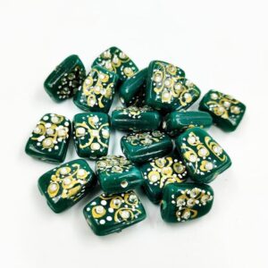 KUNDAN0198 – ARNAS 4 PCs 17 X 14 MM DARK GREEN HANDPAINTED KUNDAN WORK TUMBLE BEADS
