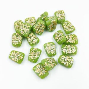 KUNDAN0201 – ARNAS 4 PCs 17 X 14 MM PARROT GREEN HANDPAINTED KUNDAN WORK TUMBLE BEADS