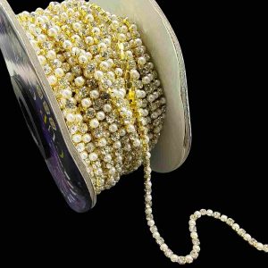 STONECHAIN021 – 5 MTR PACK OF WHITE MOTI AND STONE GOLDEN PLATED 24PP STONE CHAIN FOR JEWELLERY MAKING AND DECORATION