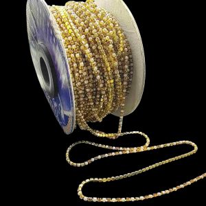 STONECHAIN022 – 5 MTR PACK OF WHITE MOTI AND BROWN STONE GOLDEN PLATED 24PP STONE CHAIN FOR JEWELLERY MAKING AND DECORATION
