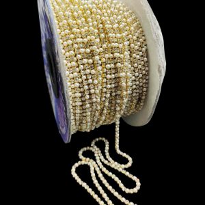 STONECHAIN023 – 5 MTR PACK OF WHITE MOTI AND SILVER STONE GOLDEN PLATED 24PP STONE CHAIN FOR JEWELLERY MAKING AND DECORATION